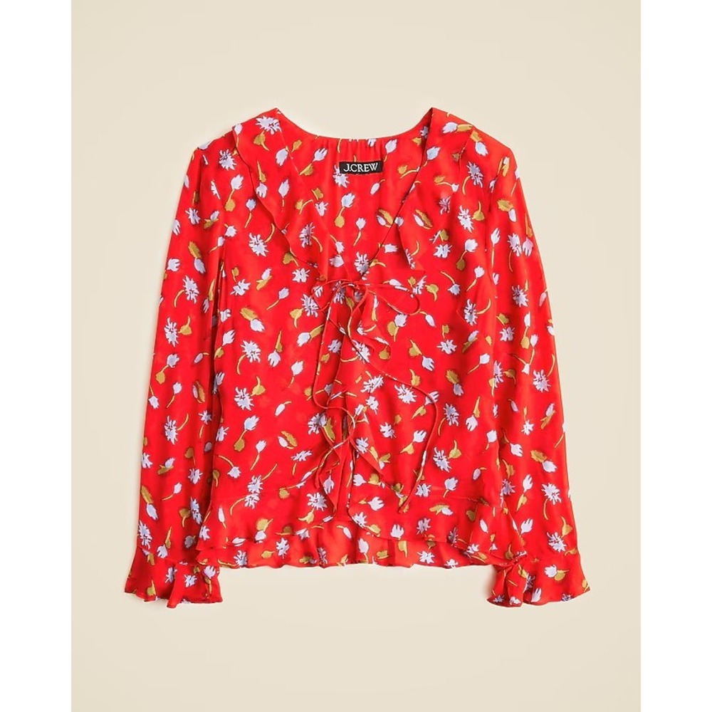 J.Crew Ruffle tie-front top in chiffon Red Multi Size 4 NWT